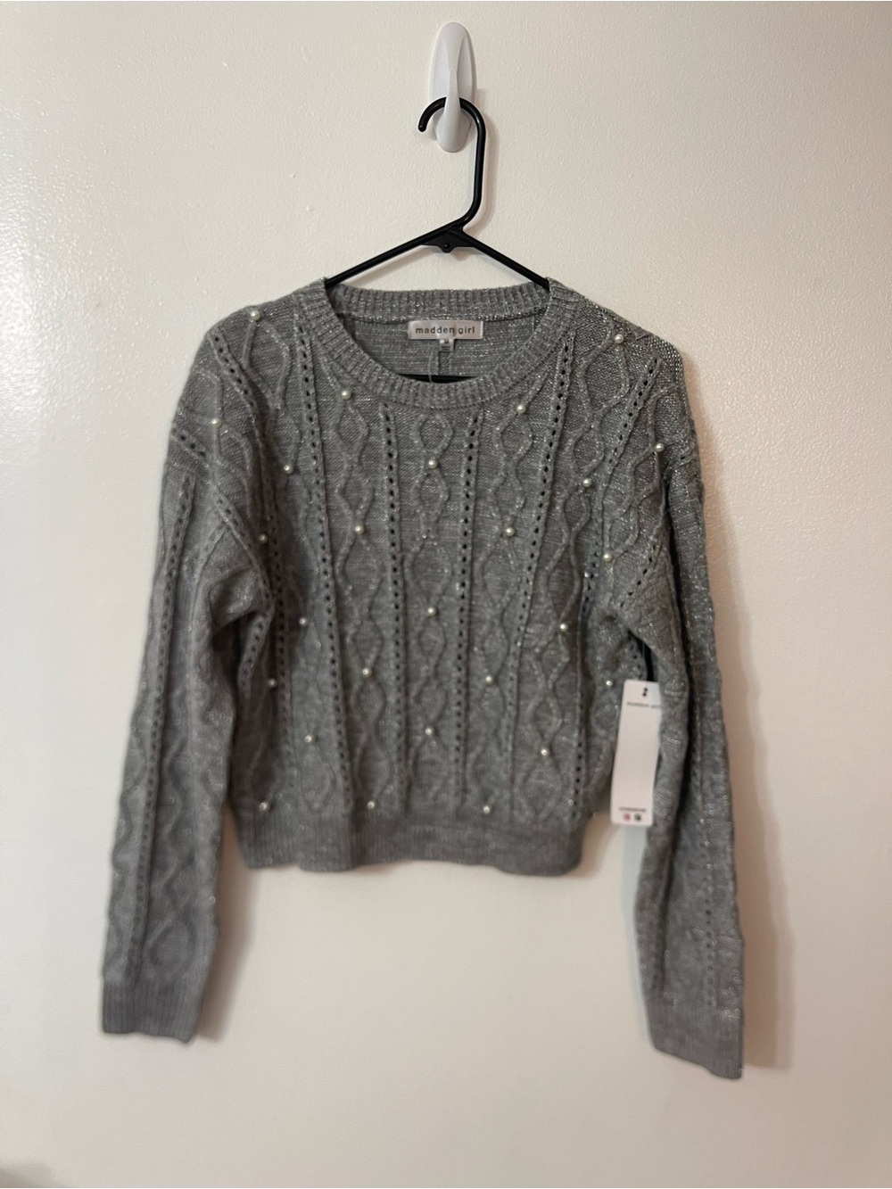 Madewell Light Gray Pearl-Accent Cable Knit Crew Sweater